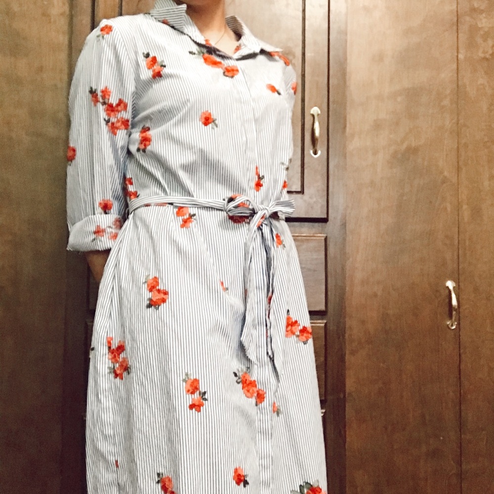 floral stripe button up midi dress